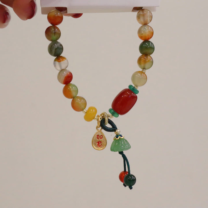 Buddha Stones Natural Colorful Peacock Agate Chalcedony Ruyi As One Wishes Charm Courage Bracelet