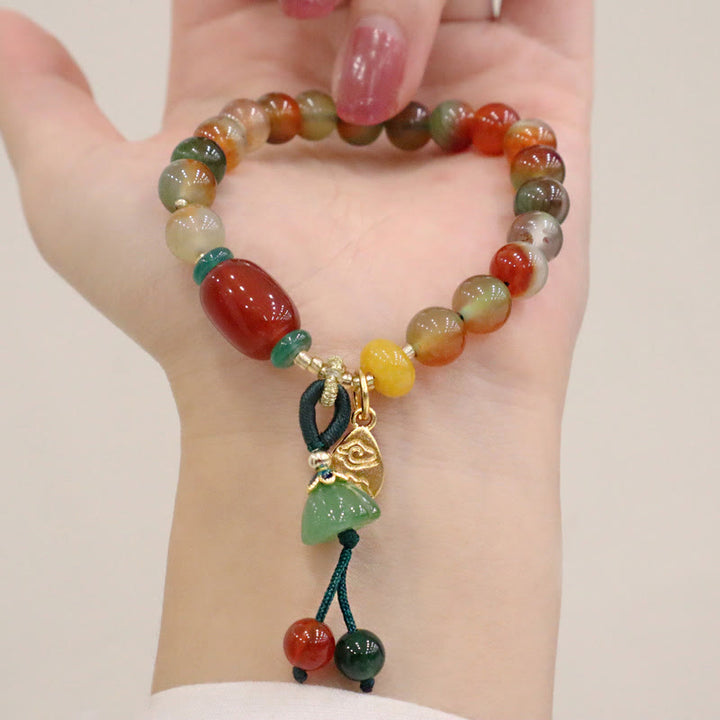Buddha Stones Natural Colorful Peacock Agate Chalcedony Ruyi As One Wishes Charm Courage Bracelet