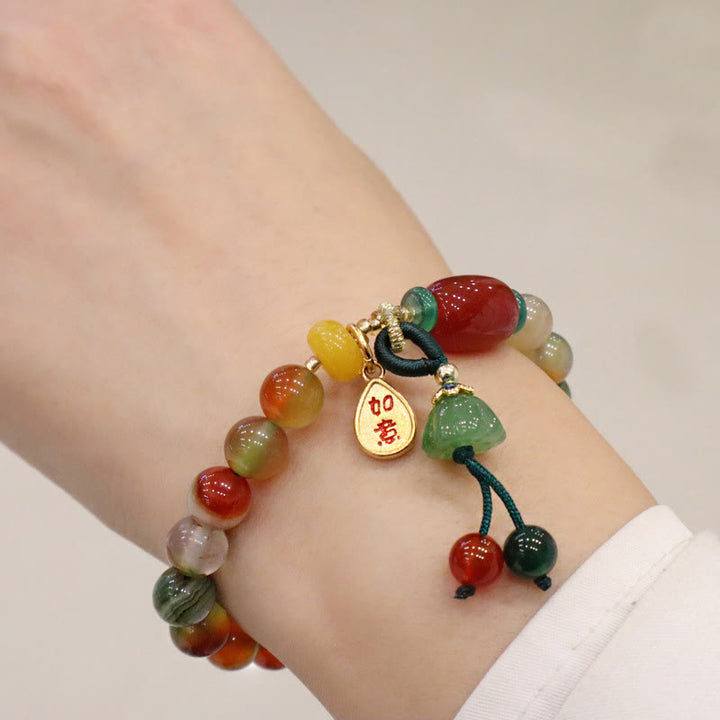 Buddha Stones Natural Colorful Peacock Agate Chalcedony Ruyi As One Wishes Charm Courage Bracelet