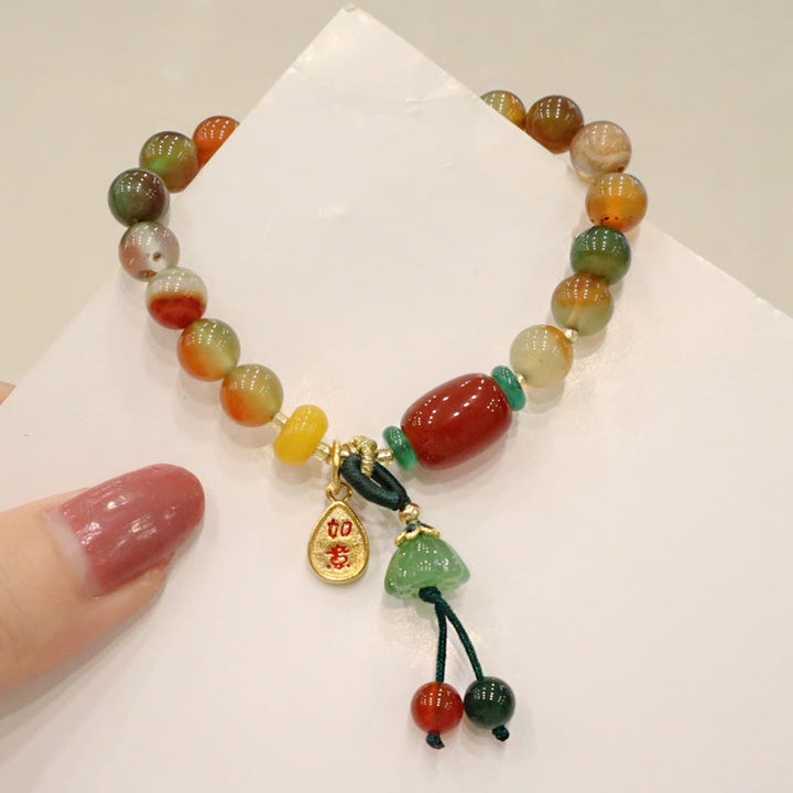Buddha Stones Natural Colorful Peacock Agate Chalcedony Ruyi As One Wishes Charm Courage Bracelet