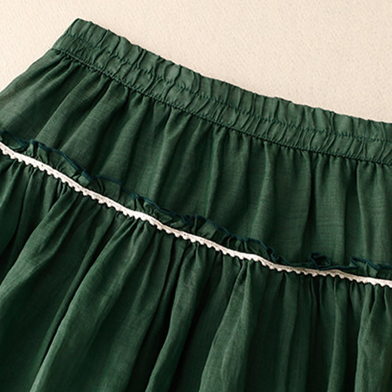Buddha Stones Summer Casual Plain Pleated Ruffle Design Women's Skirt With Pockets