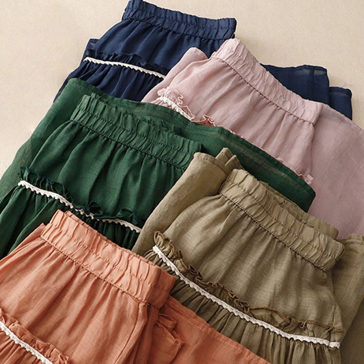 Buddha Stones Summer Casual Plain Pleated Ruffle Design Women's Skirt With Pockets