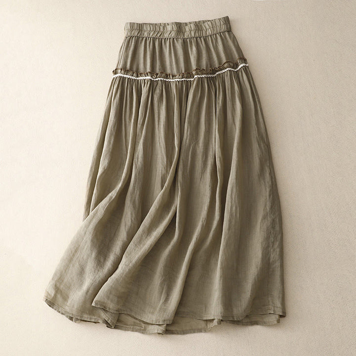 Buddha Stones Summer Casual Plain Pleated Ruffle Design Women's Skirt With Pockets