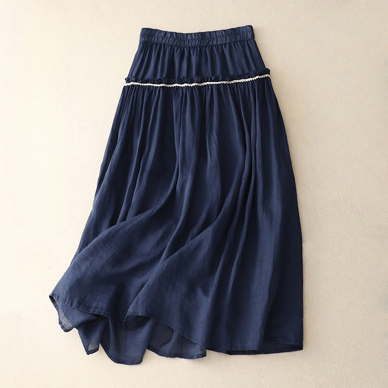 Buddha Stones Summer Casual Plain Pleated Ruffle Design Women's Skirt With Pockets