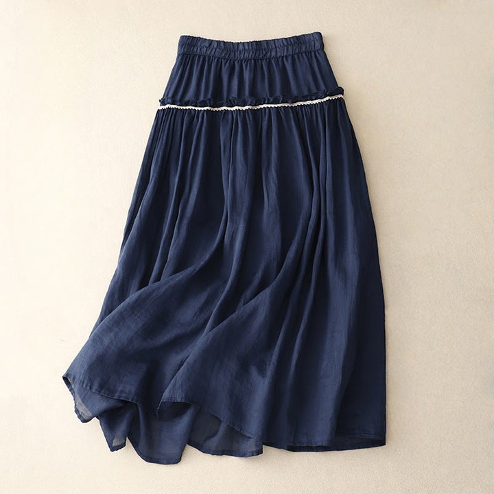 Buddha Stones Summer Casual Plain Pleated Ruffle Design Women's Skirt With Pockets