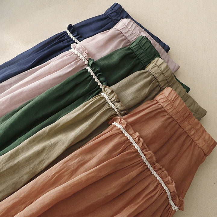 Buddha Stones Summer Casual Plain Pleated Ruffle Design Women's Skirt With Pockets