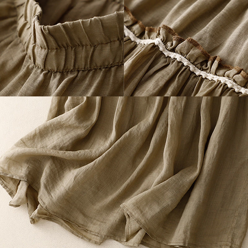 Buddha Stones Summer Casual Plain Pleated Ruffle Design Women's Skirt With Pockets
