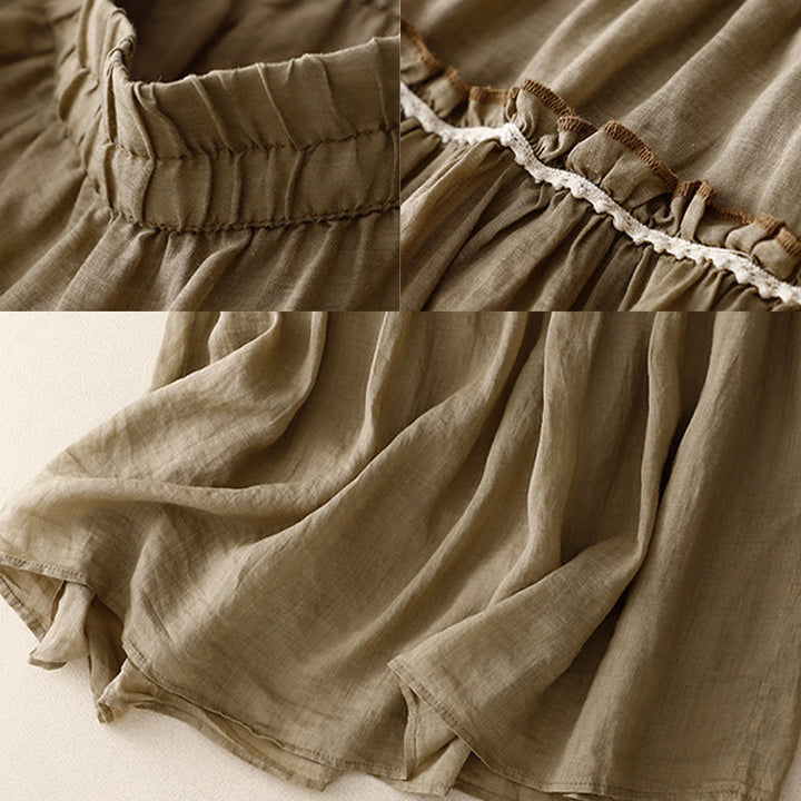 Buddha Stones Summer Casual Plain Pleated Ruffle Design Women's Skirt With Pockets