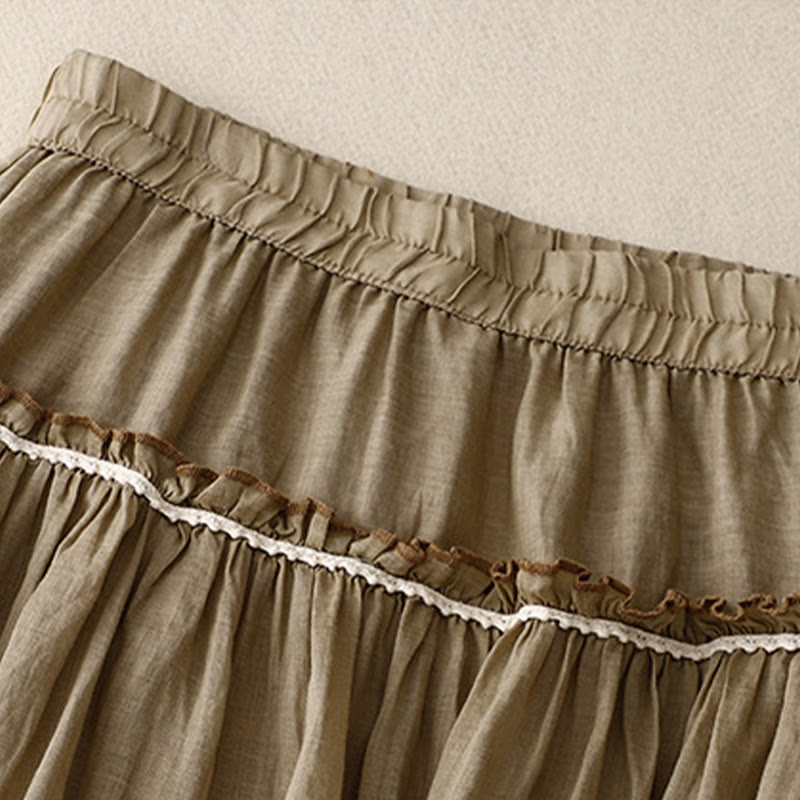 Buddha Stones Summer Casual Plain Pleated Ruffle Design Women's Skirt With Pockets