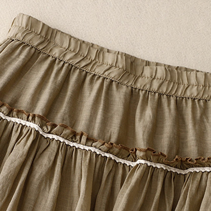 Buddha Stones Summer Casual Plain Pleated Ruffle Design Women's Skirt With Pockets