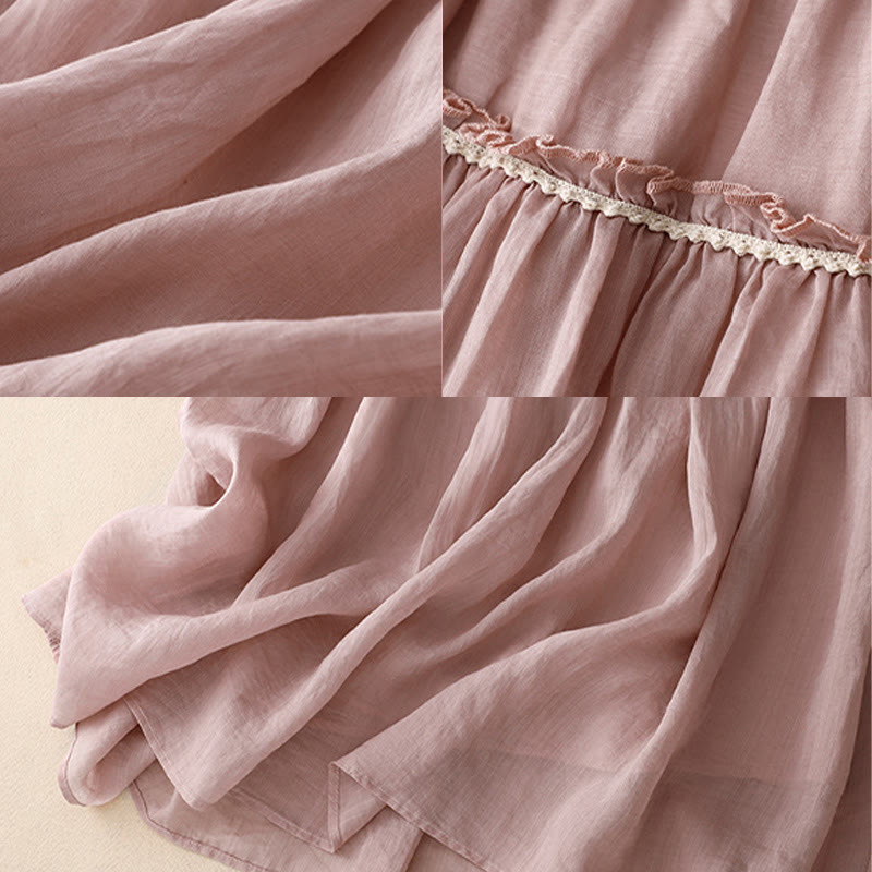 Buddha Stones Summer Casual Plain Pleated Ruffle Design Women's Skirt With Pockets