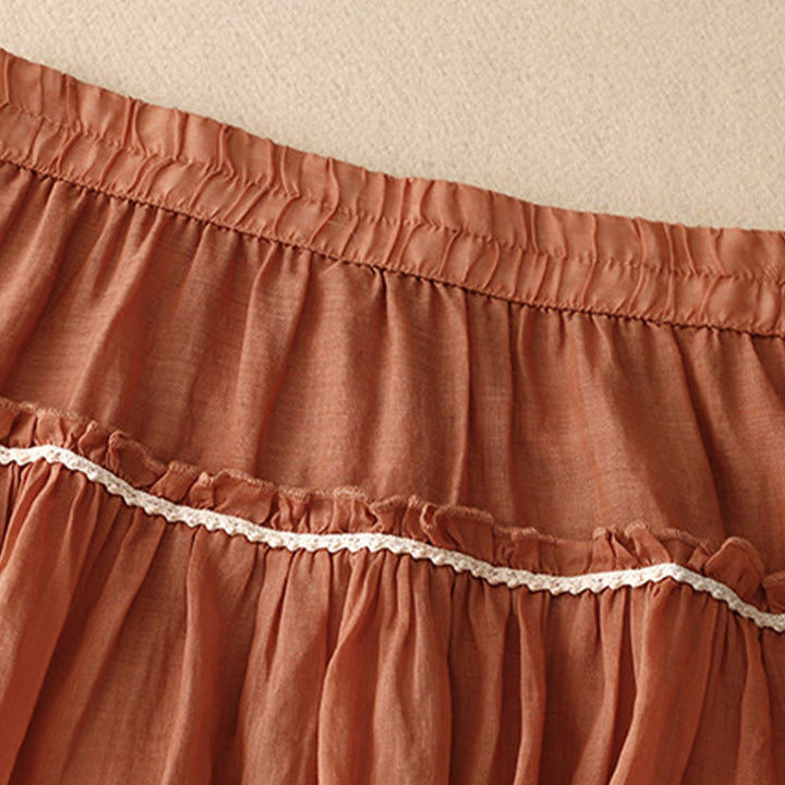 Buddha Stones Summer Casual Plain Pleated Ruffle Design Women's Skirt With Pockets