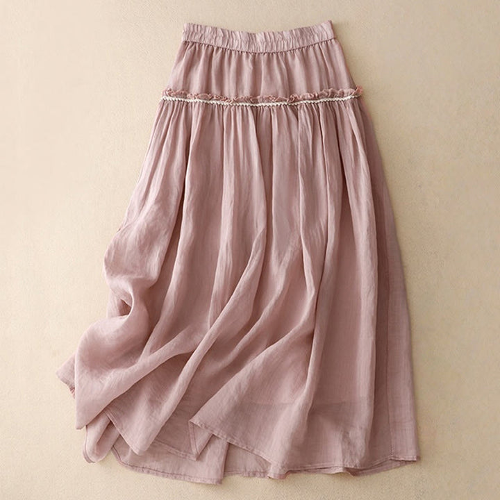 Buddha Stones Summer Casual Plain Pleated Ruffle Design Women's Skirt With Pockets