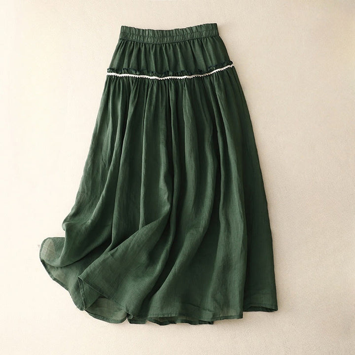 Buddha Stones Summer Casual Plain Pleated Ruffle Design Women's Skirt With Pockets