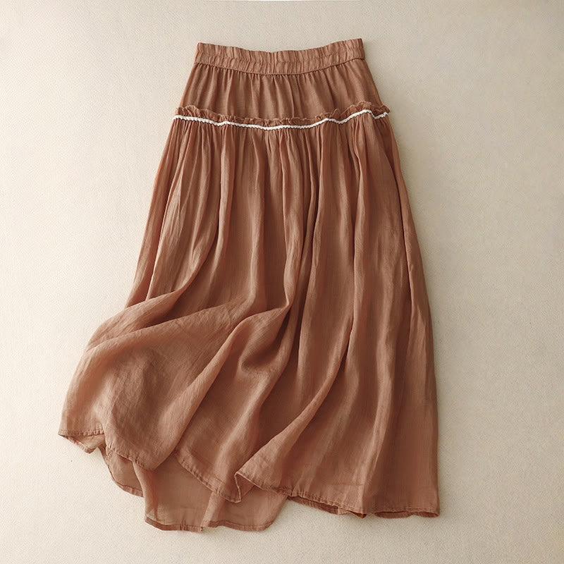 Buddha Stones Summer Casual Plain Pleated Ruffle Design Women's Skirt With Pockets