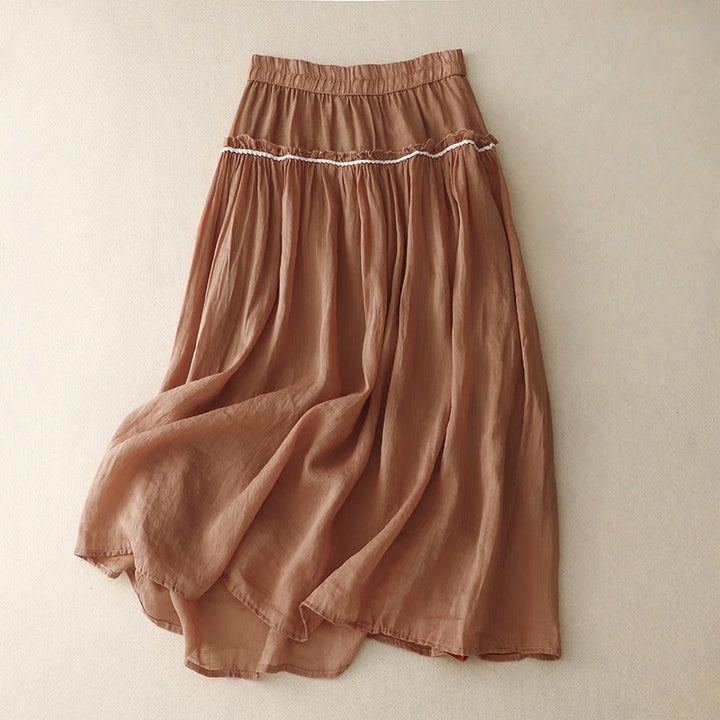 Buddha Stones Summer Casual Plain Pleated Ruffle Design Women's Skirt With Pockets