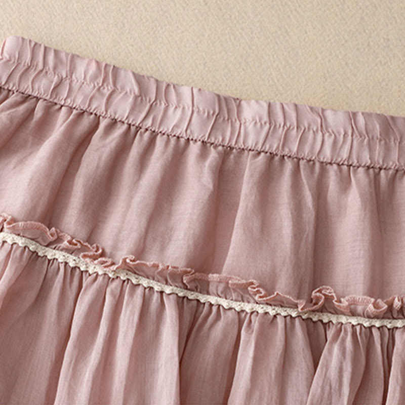 Buddha Stones Summer Casual Plain Pleated Ruffle Design Women's Skirt With Pockets