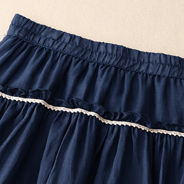 Buddha Stones Summer Casual Plain Pleated Ruffle Design Women's Skirt With Pockets