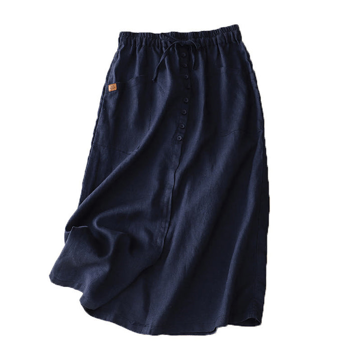 Buddha Stones Spring Lace-Up Button Slit Design Women's Cotton Linen Skirt With Pockets