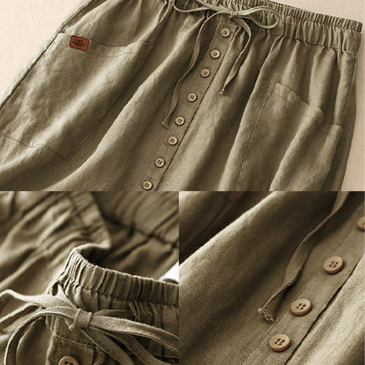Buddha Stones Spring Lace-Up Button Slit Design Women's Cotton Linen Skirt With Pockets