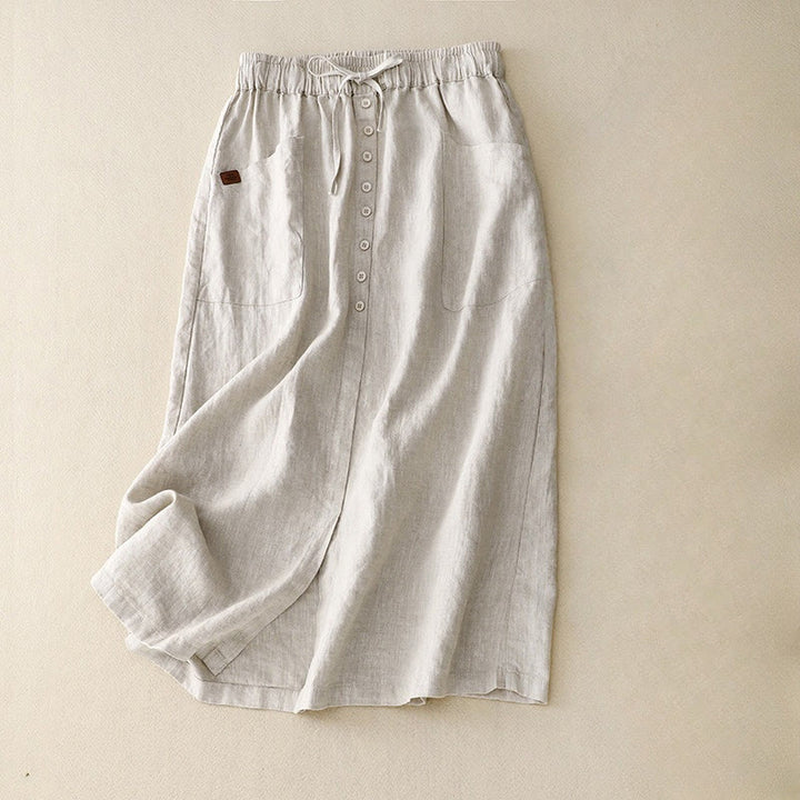 Buddha Stones Spring Lace-Up Button Slit Design Women's Cotton Linen Skirt With Pockets