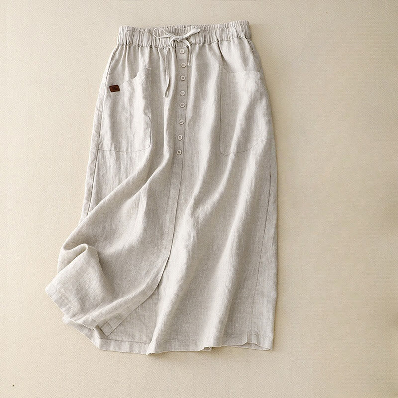 Buddha Stones Spring Lace-Up Button Slit Design Women's Cotton Linen Skirt With Pockets - Beige - US8-10，UK/AU12-14，EU40-42 (2XL) - image 0