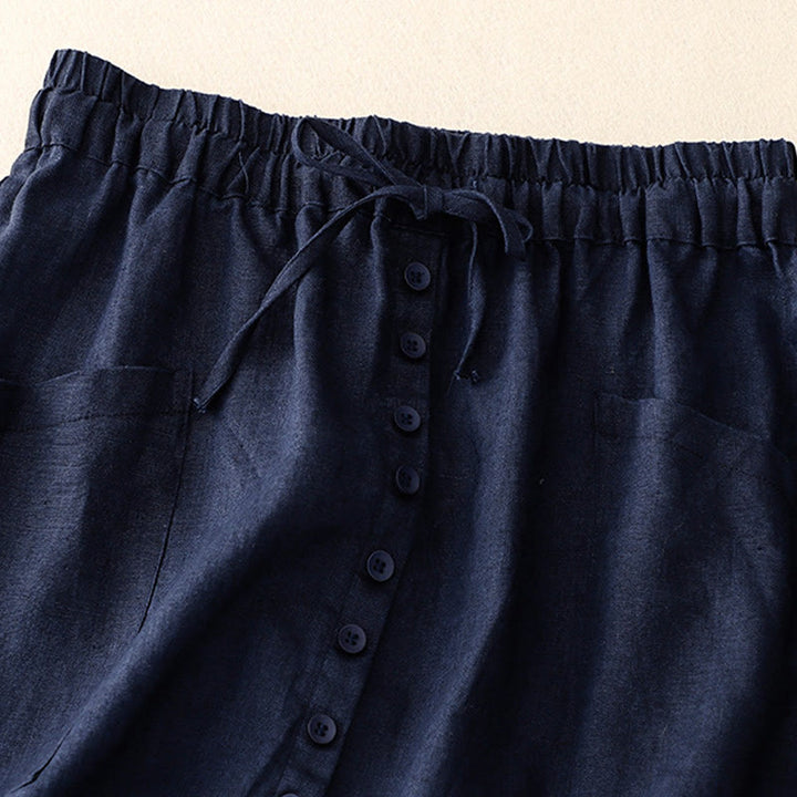 Buddha Stones Spring Lace-Up Button Slit Design Women's Cotton Linen Skirt With Pockets