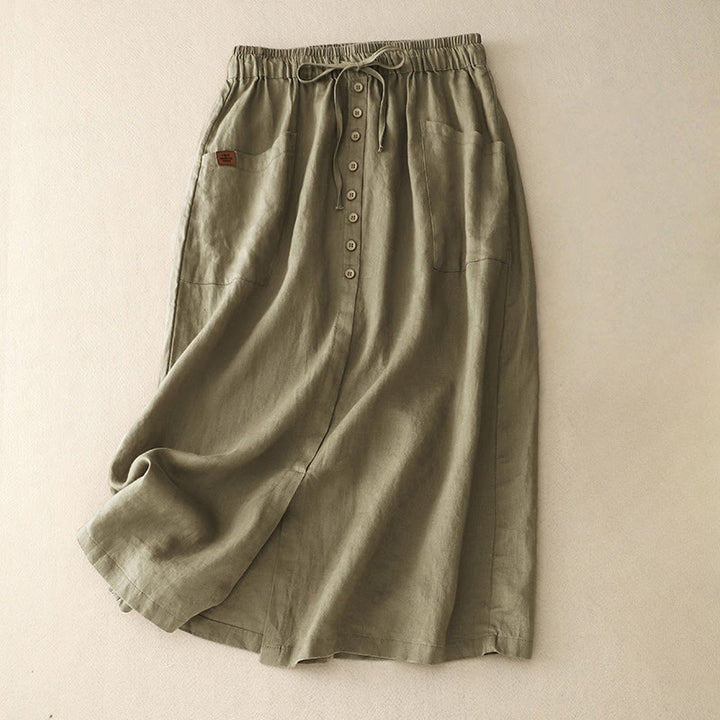 Buddha Stones Spring Lace-Up Button Slit Design Women's Cotton Linen Skirt With Pockets