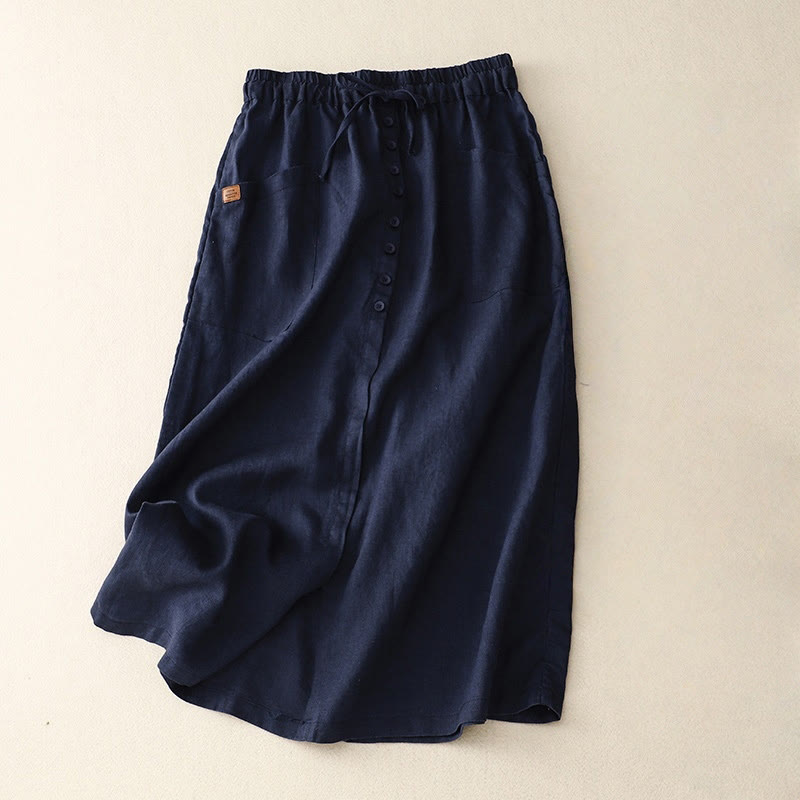 Buddha Stones Spring Lace-Up Button Slit Design Women's Cotton Linen Skirt With Pockets