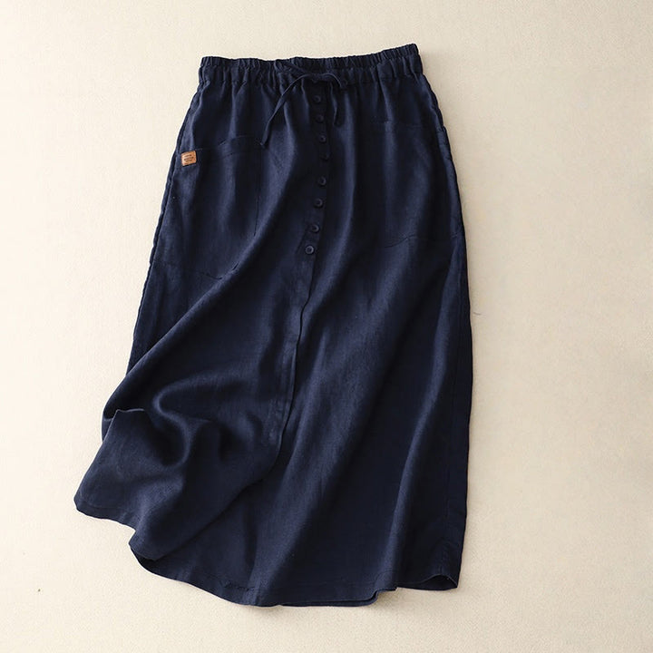Buddha Stones Spring Lace-Up Button Slit Design Women's Cotton Linen Skirt With Pockets