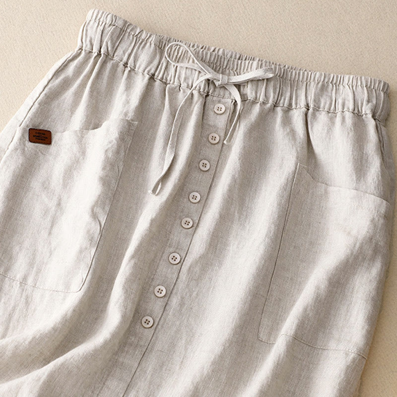 Buddha Stones Spring Lace-Up Button Slit Design Women's Cotton Linen Skirt With Pockets