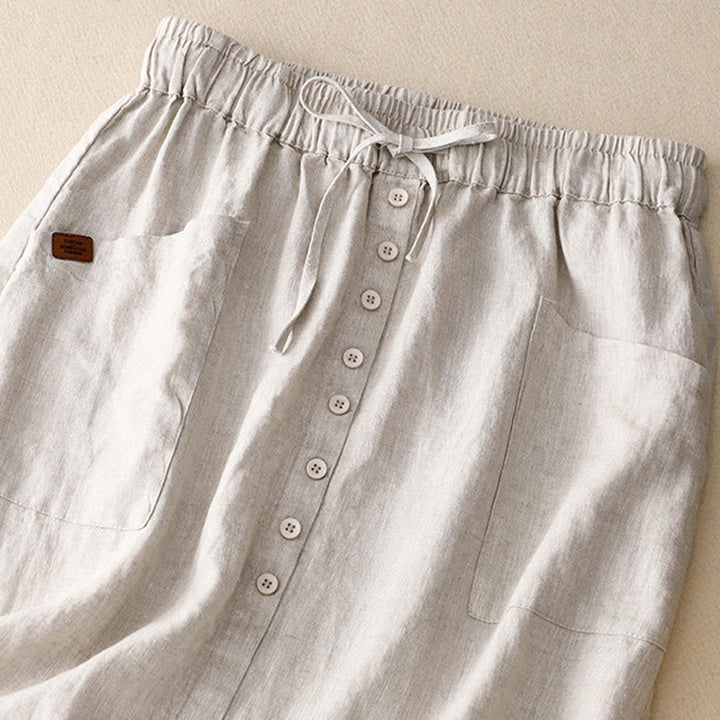Buddha Stones Spring Lace-Up Button Slit Design Women's Cotton Linen Skirt With Pockets