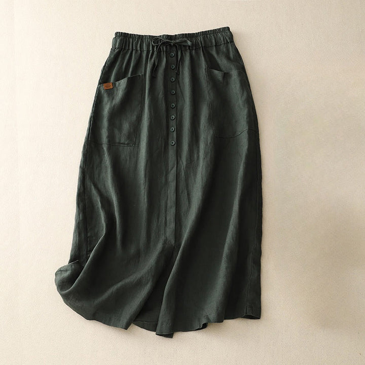 Buddha Stones Spring Lace-Up Button Slit Design Women's Cotton Linen Skirt With Pockets