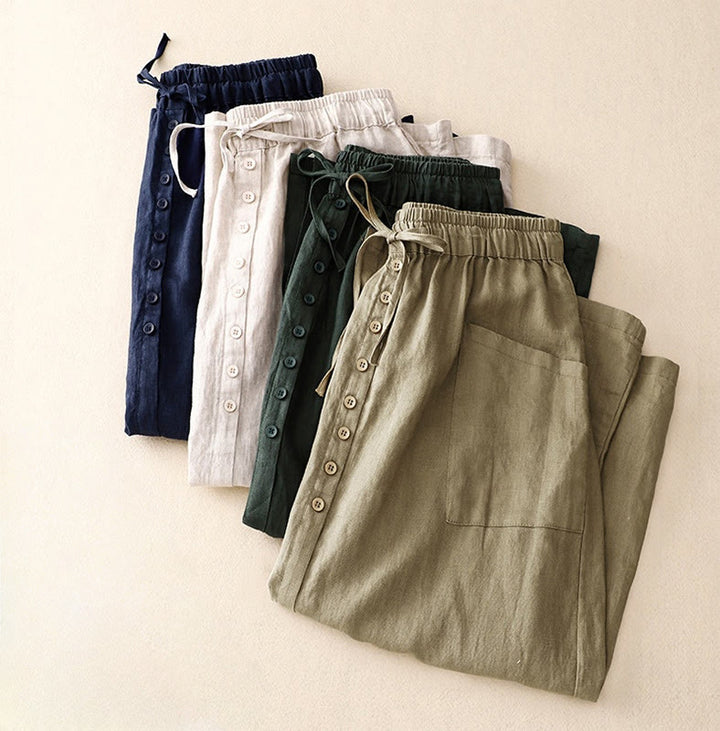 Buddha Stones Spring Lace-Up Button Slit Design Women's Cotton Linen Skirt With Pockets