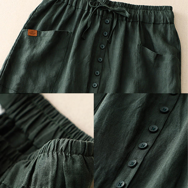 Buddha Stones Spring Lace-Up Button Slit Design Women's Cotton Linen Skirt With Pockets
