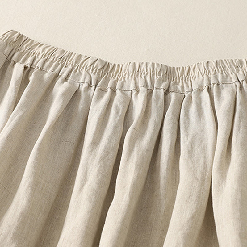 Buddha Stones Spring Casual Solid Color Lace Splicing Hem Women's Cotton Linen Skirt With Pockets