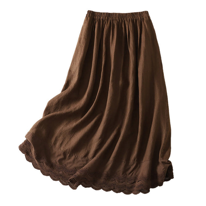 Buddha Stones Spring Casual Solid Color Lace Splicing Hem Women's Cotton Linen Skirt With Pockets