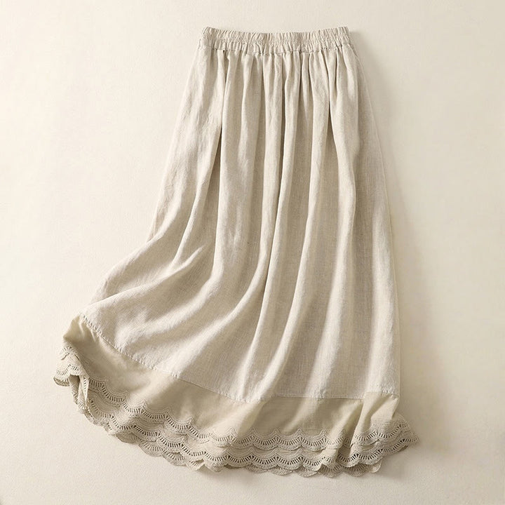 Buddha Stones Spring Casual Solid Color Lace Splicing Hem Women's Cotton Linen Skirt With Pockets
