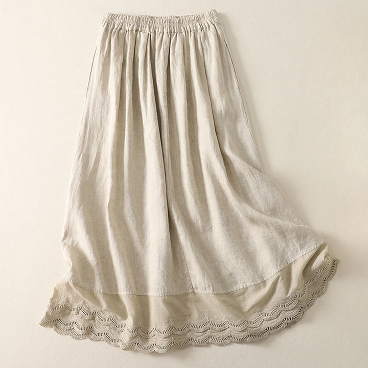 Buddha Stones Spring Casual Solid Color Lace Splicing Hem Women's Cotton Linen Skirt With Pockets
