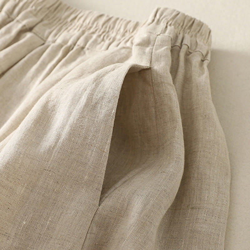 Buddha Stones Spring Casual Solid Color Lace Splicing Hem Women's Cotton Linen Skirt With Pockets