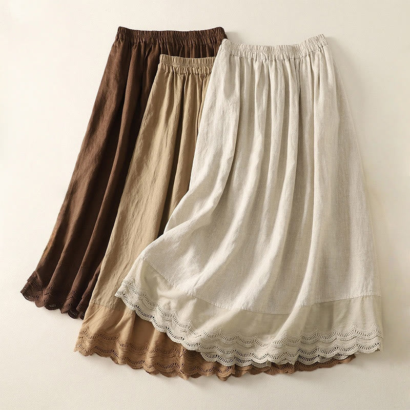 Buddha Stones Spring Casual Solid Color Lace Splicing Hem Women's Cotton Linen Skirt With Pockets