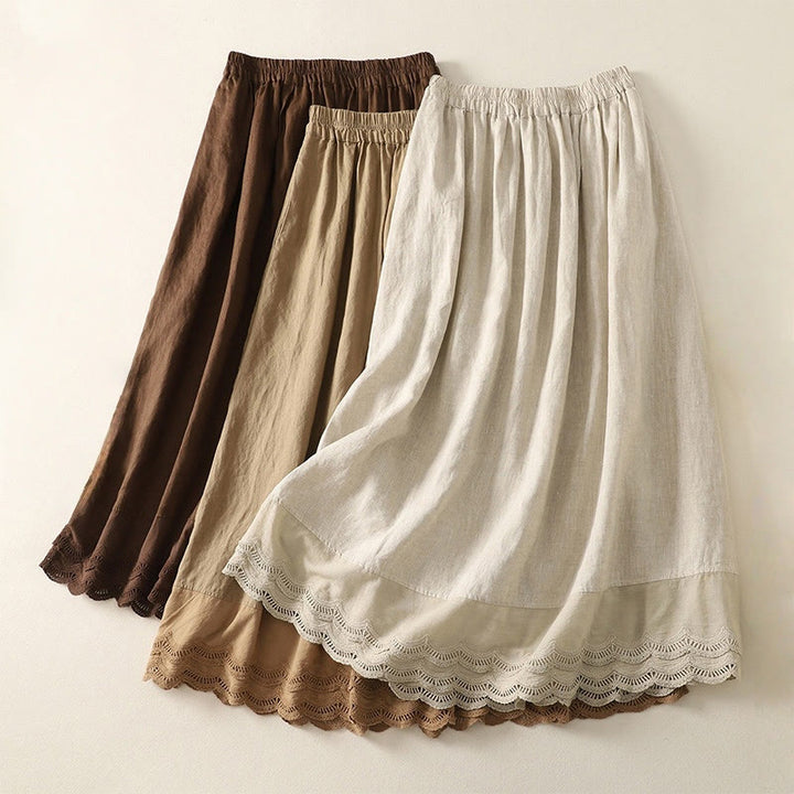 Buddha Stones Spring Casual Solid Color Lace Splicing Hem Women's Cotton Linen Skirt With Pockets