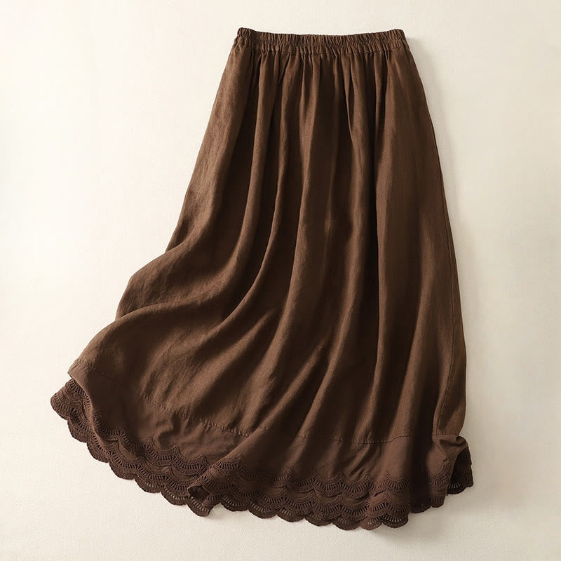 Buddha Stones Spring Casual Solid Color Lace Splicing Hem Women's Cotton Linen Skirt With Pockets