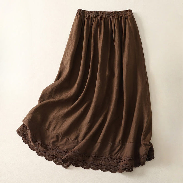 Buddha Stones Spring Casual Solid Color Lace Splicing Hem Women's Cotton Linen Skirt With Pockets