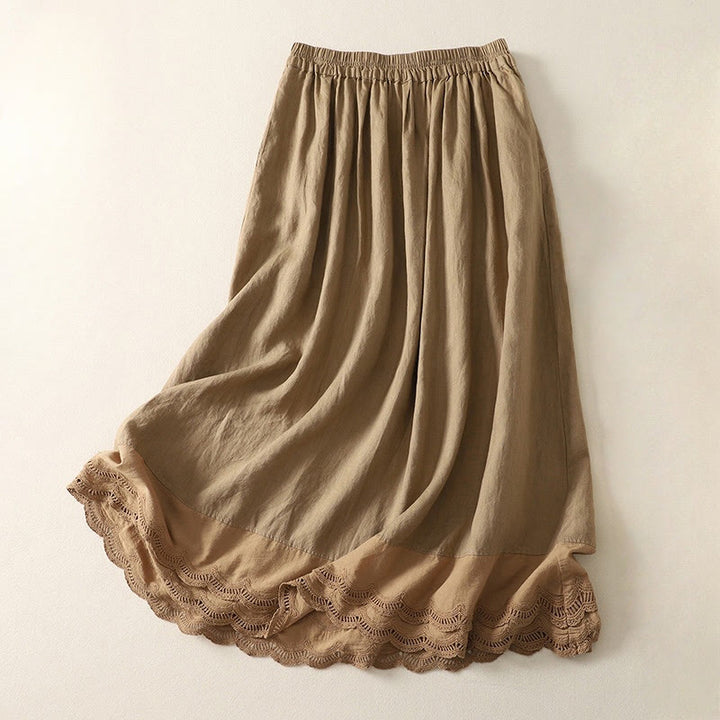 Buddha Stones Spring Casual Solid Color Lace Splicing Hem Women's Cotton Linen Skirt With Pockets
