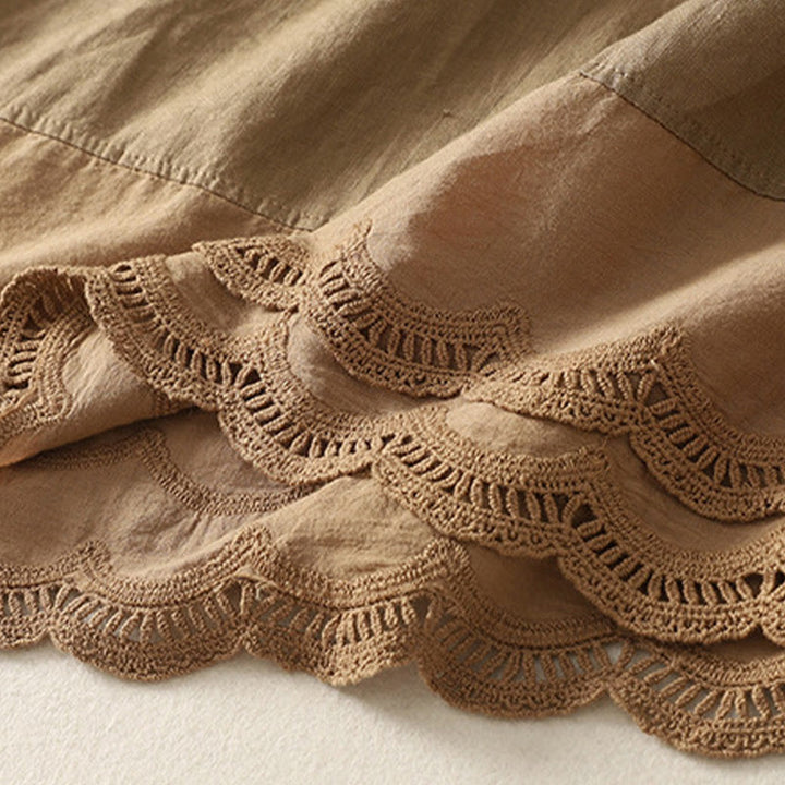Buddha Stones Spring Casual Solid Color Lace Splicing Hem Women's Cotton Linen Skirt With Pockets