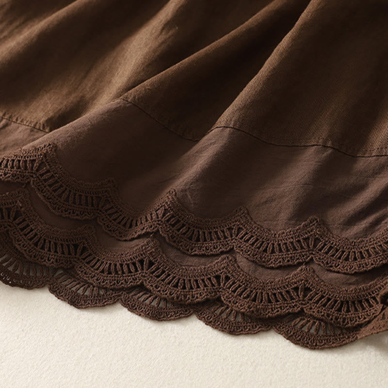 Buddha Stones Spring Casual Solid Color Lace Splicing Hem Women's Cotton Linen Skirt With Pockets