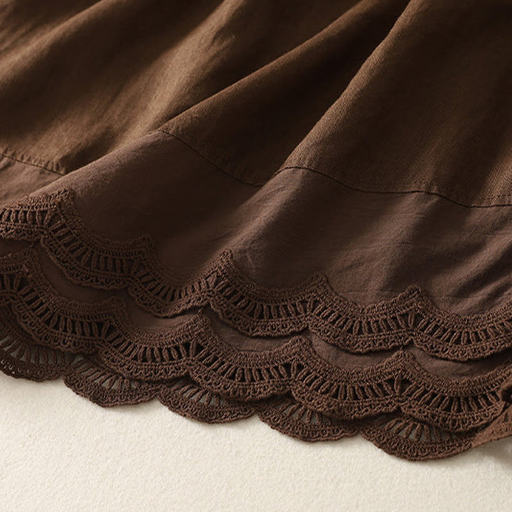 Buddha Stones Spring Casual Solid Color Lace Splicing Hem Women's Cotton Linen Skirt With Pockets