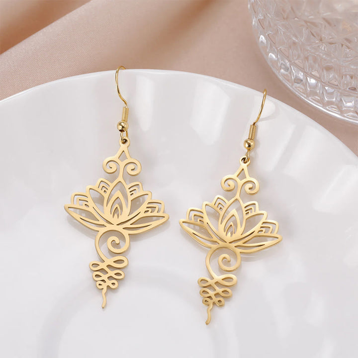 Buddha Stones Hollow Lotus Flower Stainless Steel Enlightenment Metal Drop Earrings