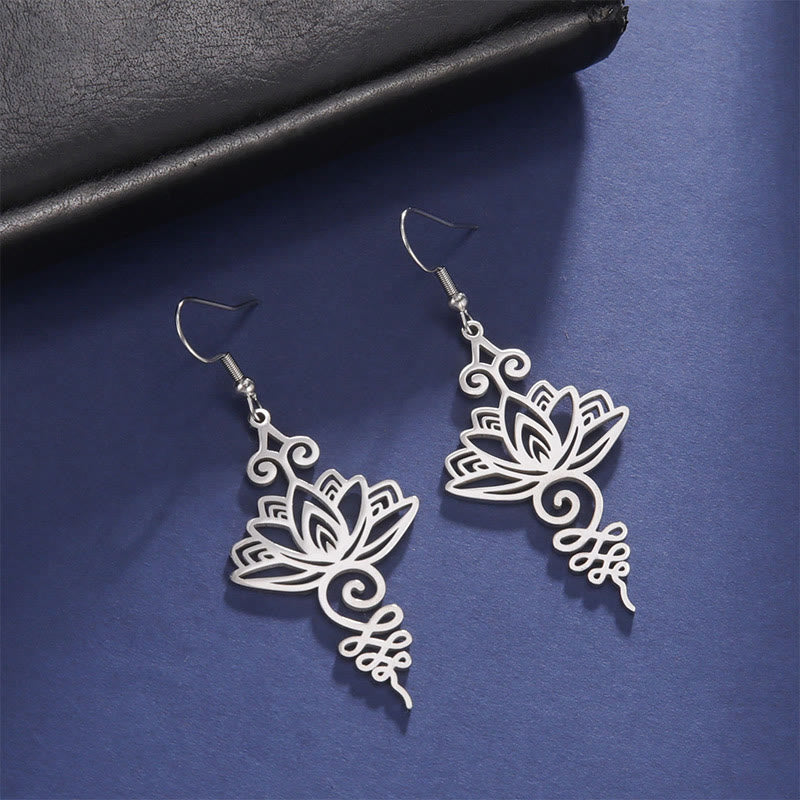 Buddha Stones Hollow Lotus Flower Stainless Steel Enlightenment Metal Drop Earrings